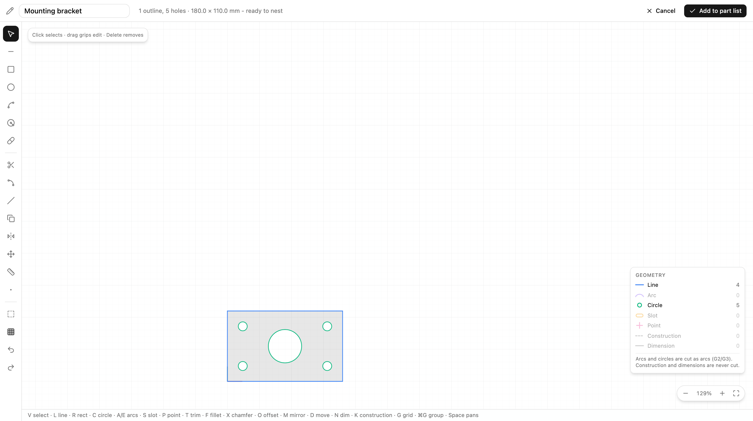 The built-in lightweight CAD editor drawing a part with lines, arcs and snapping