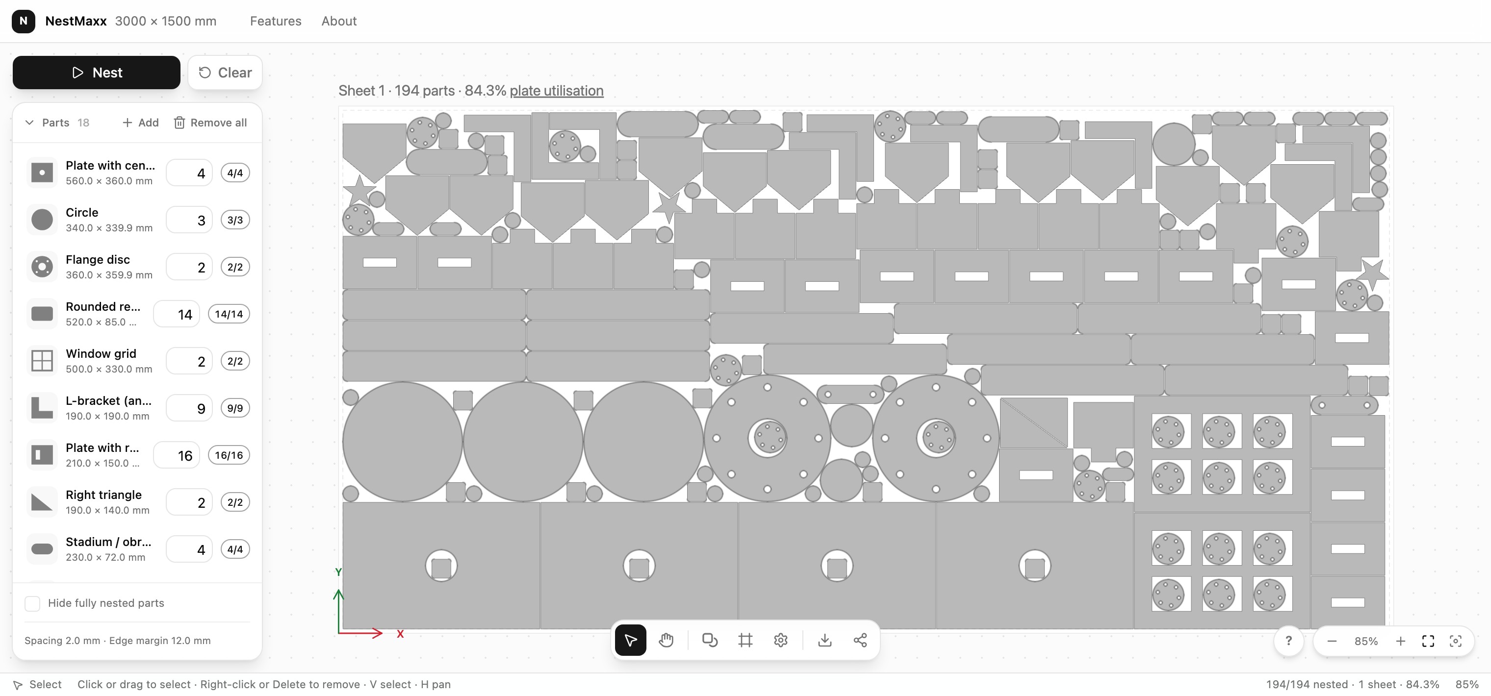 NestMaxx packing 194 true-shape parts onto one sheet at 84% plate utilisation