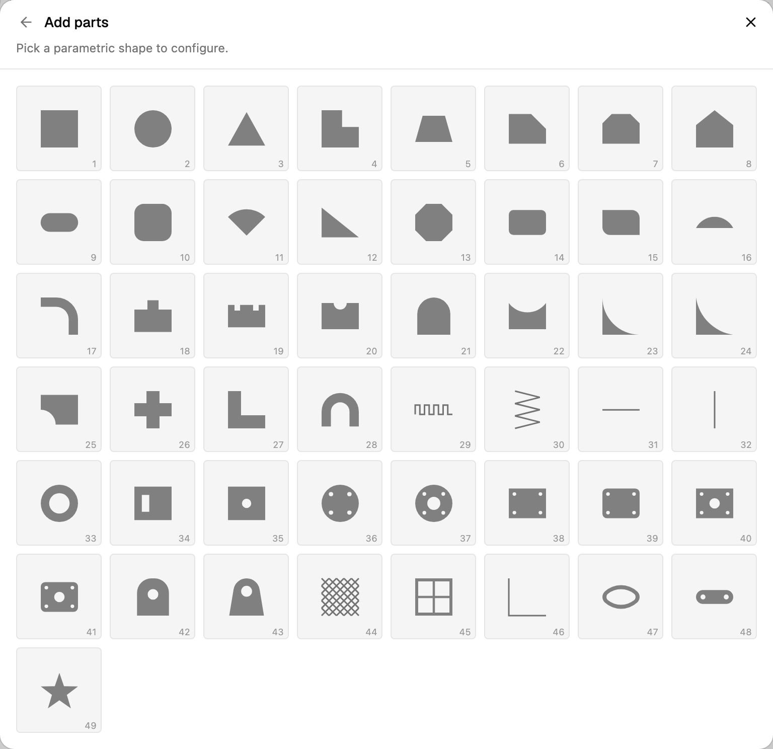 The built-in shape library: 49 parametric shapes with live previews
